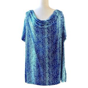 JACLYN SMITH Knit Blouse Draped Neckline Print Short Sleeve Aqua Plus Size 3X